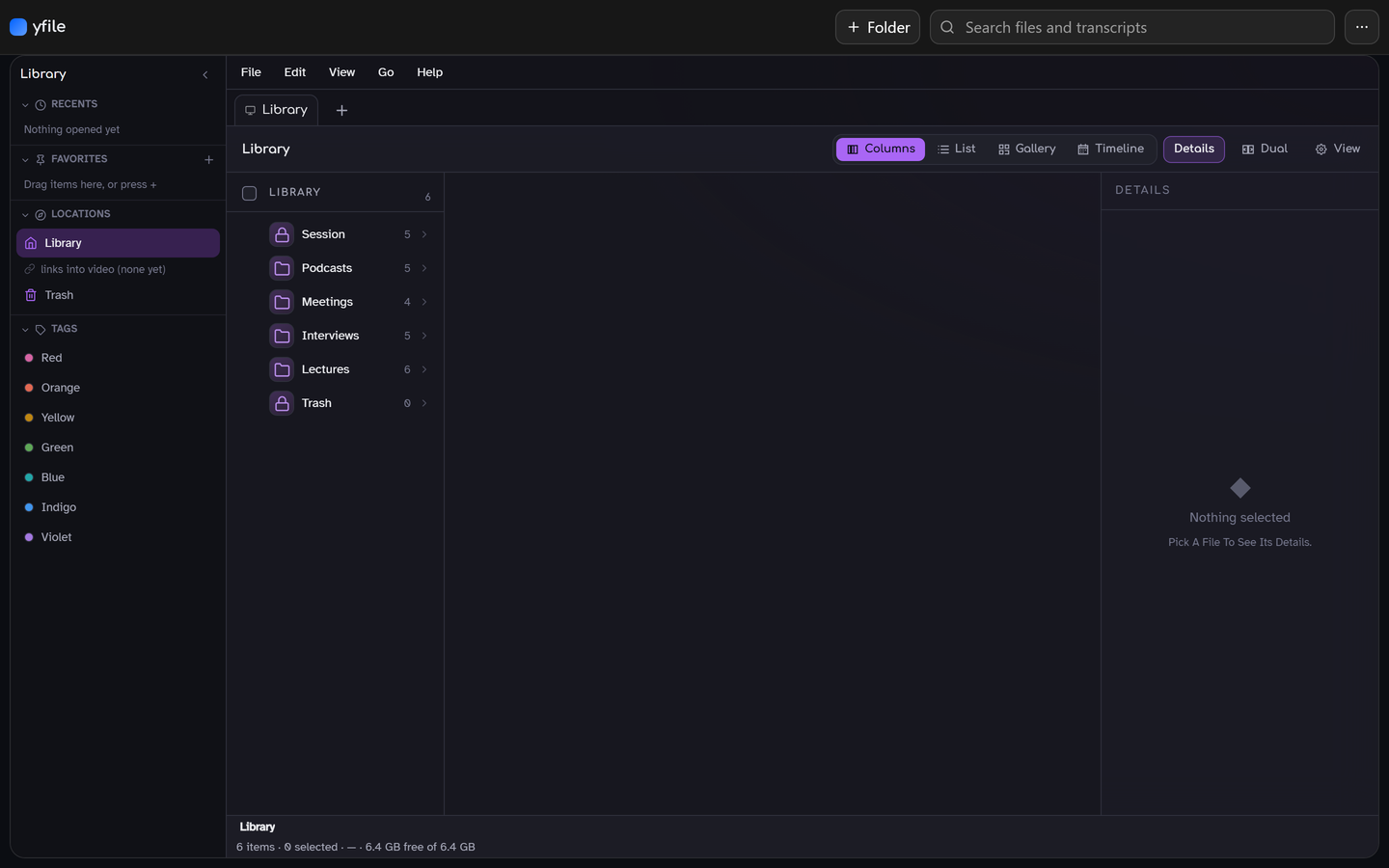 The yfile Library, as installed, captured from the demo: the dock with Recents, Favorites, Locations and Tags; a folder list holding six folders named Session, Podcasts, Meetings, Interviews, Lectures and Trash; a details pane reading Nothing selected.